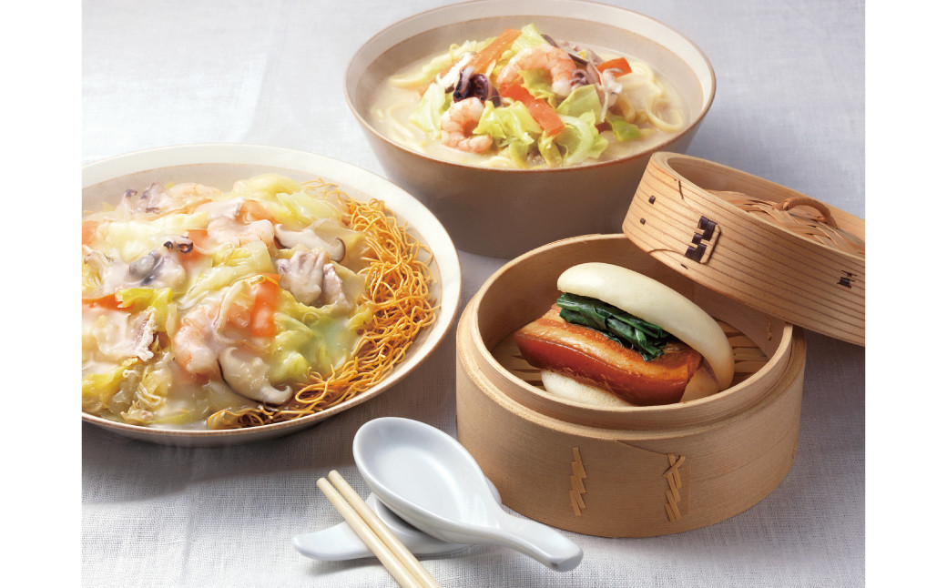 【全12回定期便】具材付き!長崎ちゃんぽん・皿うどん揚麺・角煮まんじゅう 詰合せ