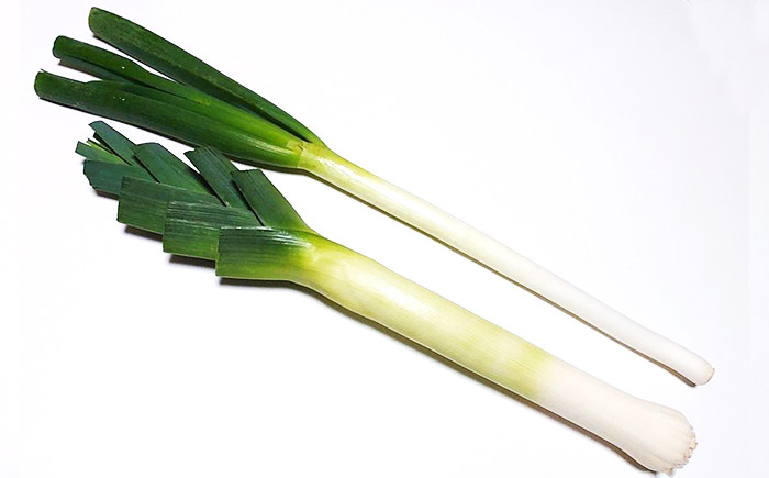 手前がリーキです。緑の葉の部分の形が特徴的。一般的な長ネギより大ぶりです。