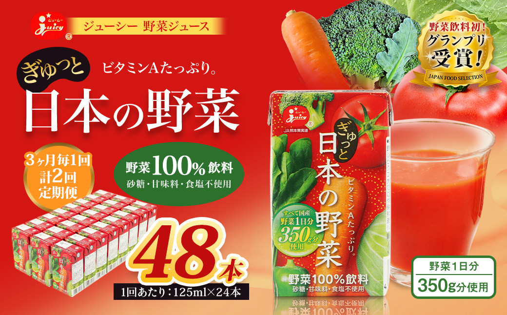 【3ヶ月毎2回定期便】ジューシー 野菜ジュース ぎゅっと日本の野菜100％ 125ml×24本