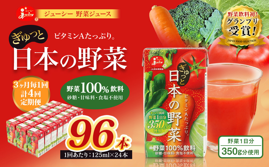 【3ヶ月毎4回定期便】ジューシー 野菜ジュース ぎゅっと日本の野菜100％ 125ml×24本