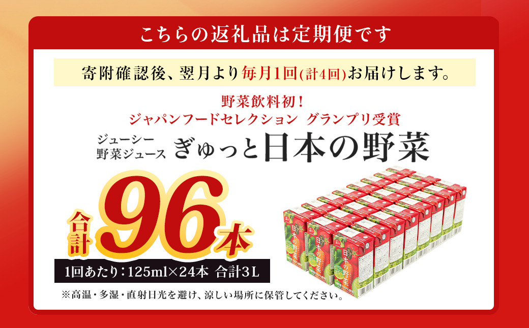 【4回定期便】ジューシー 野菜ジュース ぎゅっと日本の野菜100% 125ml×24本