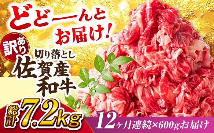 【全12回定期便】【不揃い訳あり・部位おまかせ】佐賀産和牛 切り落とし 肩orバラ 計7.2kg (600g×12回)