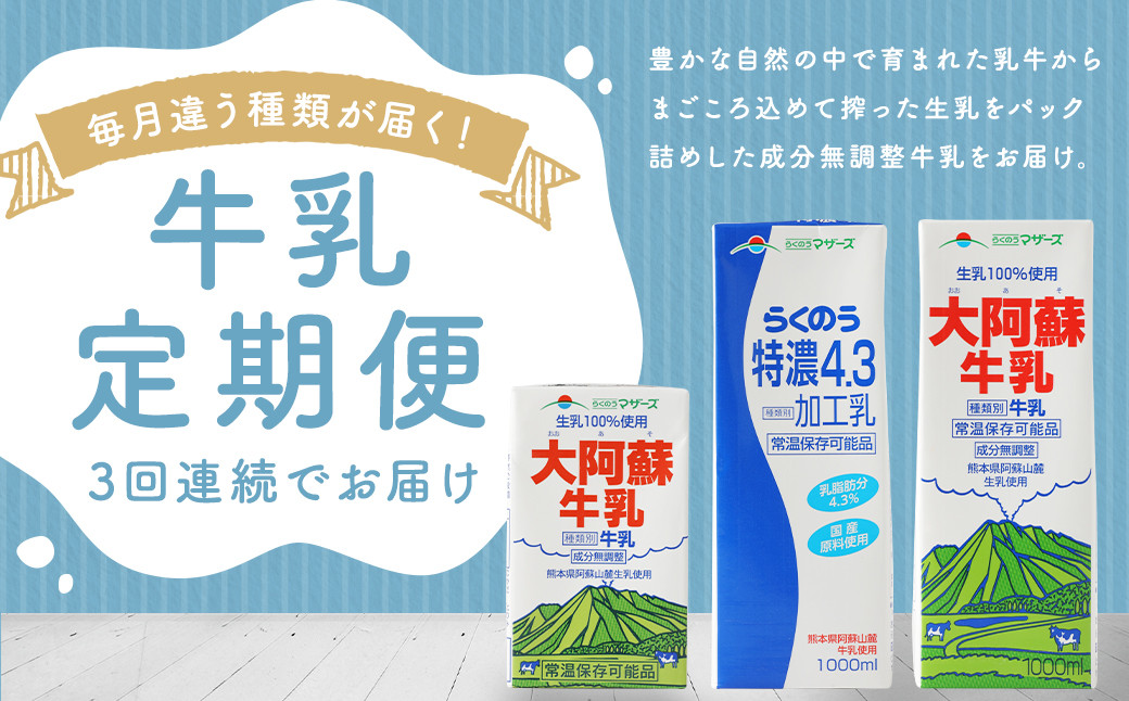 【3ヶ月 定期便】大阿蘇牛乳(250ml✕24本)/特濃4.3(1L✕6本)/大阿蘇牛乳(1L✕6本)毎月違うものが届きます!