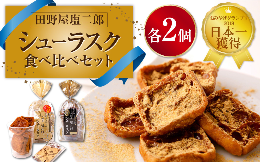 日本一獲得! 田野屋塩二郎 シューラスク 食べ比べ セット ( 塩キャラメル & 足摺黄金糖 ) 計4個
