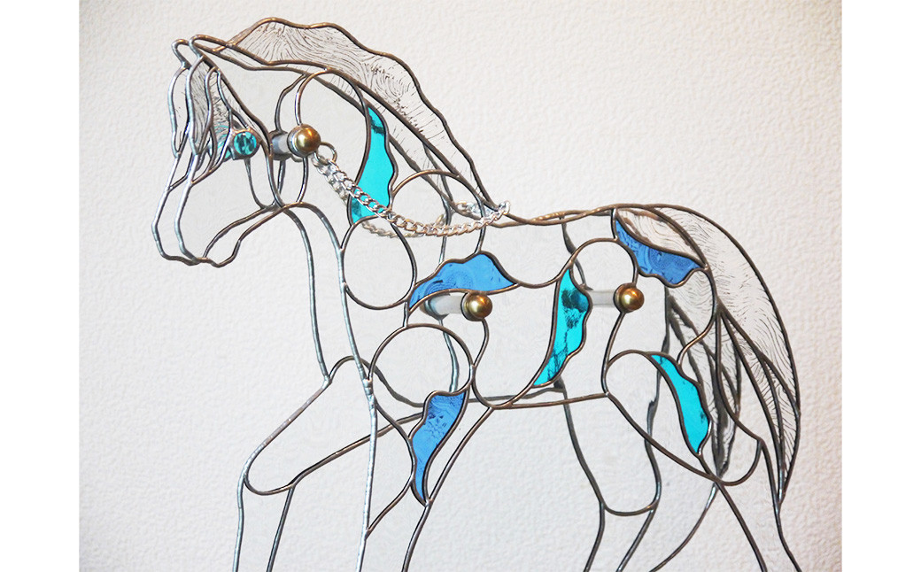 ステンドグラスオブジェ「木馬」(ブルー)