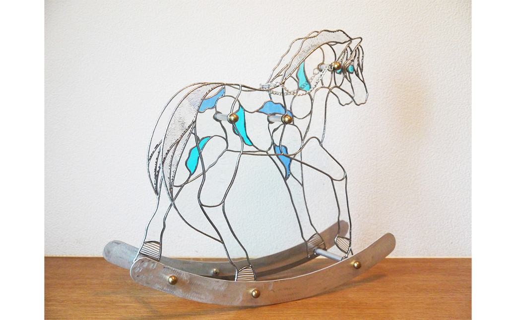 ステンドグラスオブジェ「木馬」(ブルー)