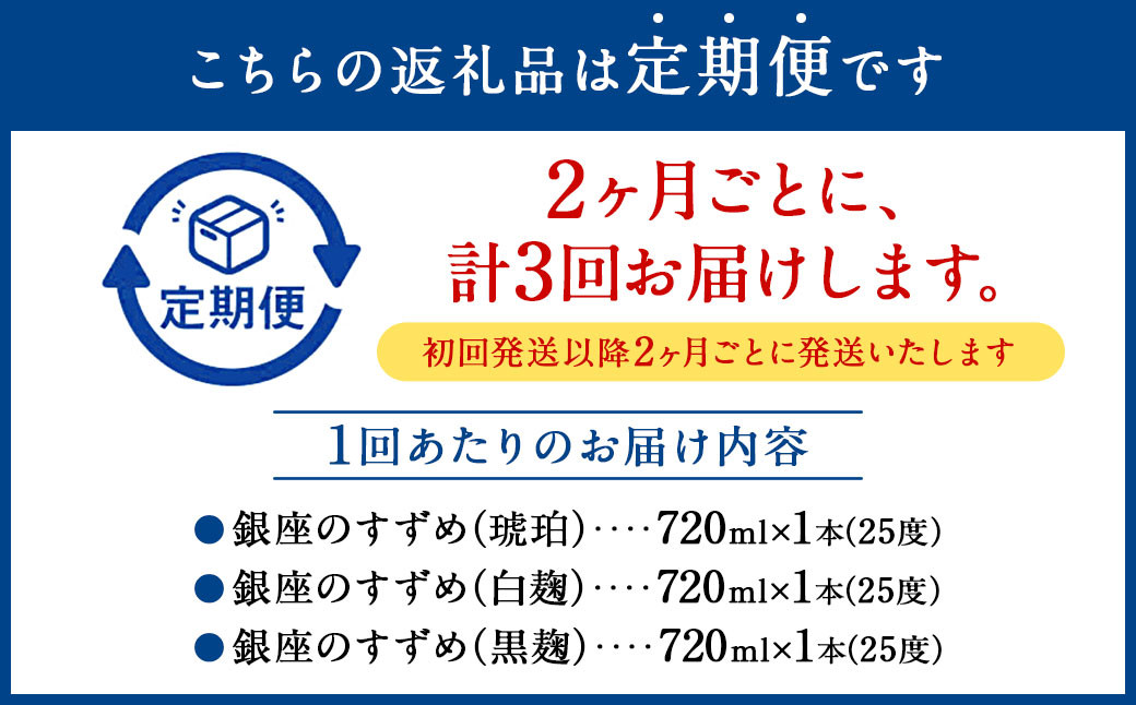 【2ヶ月ごと3回定期便】25度銀座のすずめ飲み比べ3本セット(琥珀・白麹・黒麹)