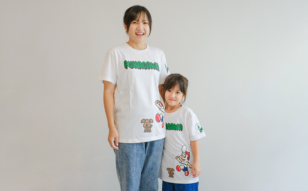 【大人XLサイズ×子ども130センチ】FUKAGAWAオリジナルTシャツ ホワイト（大人用・子ども用）オリジナルピンバッチセット