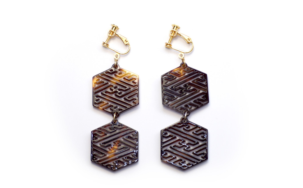 【べっ甲】亀甲型二連イヤリング（紗綾形） 