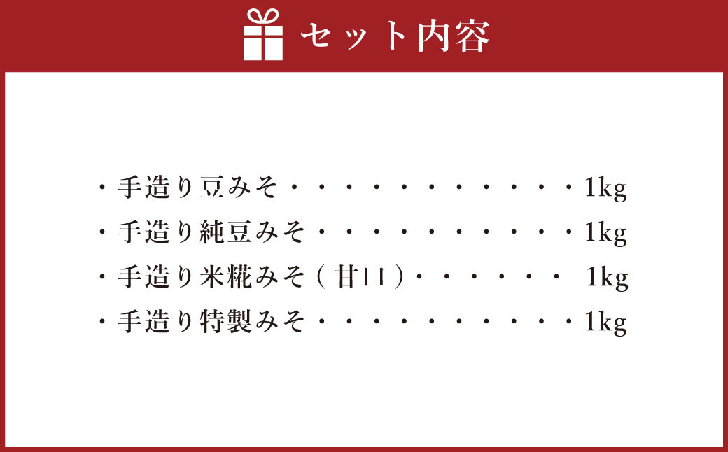 蔵元直送 手造りみそのセット（豆みそ・純豆・米糀みそ[甘口]・特製 各1kg）