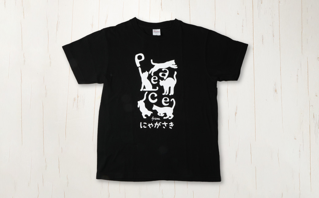 PEACEな ねこTシャツ(黒色・白色)各1枚・PEACEな ねこクリアホルダー(黒色・白色)各1枚・エコバッグ(青色)セット