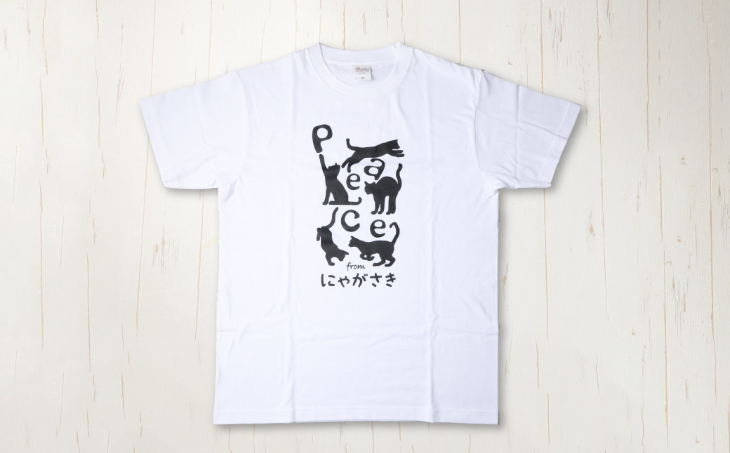 PEACEな ねこTシャツ(黒色・白色)各1枚・PEACEな ねこクリアホルダー(黒色・白色)各1枚・エコバッグ(青色)セット
