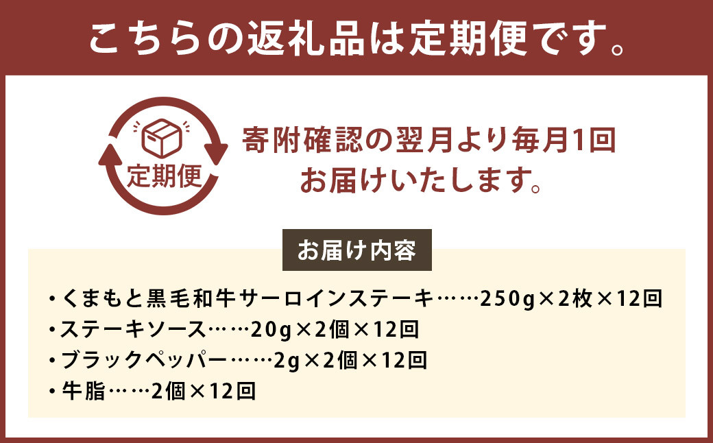 【12ヶ月定期便】くまもと黒毛和牛サーロインステーキ 500g(250g×2枚)
