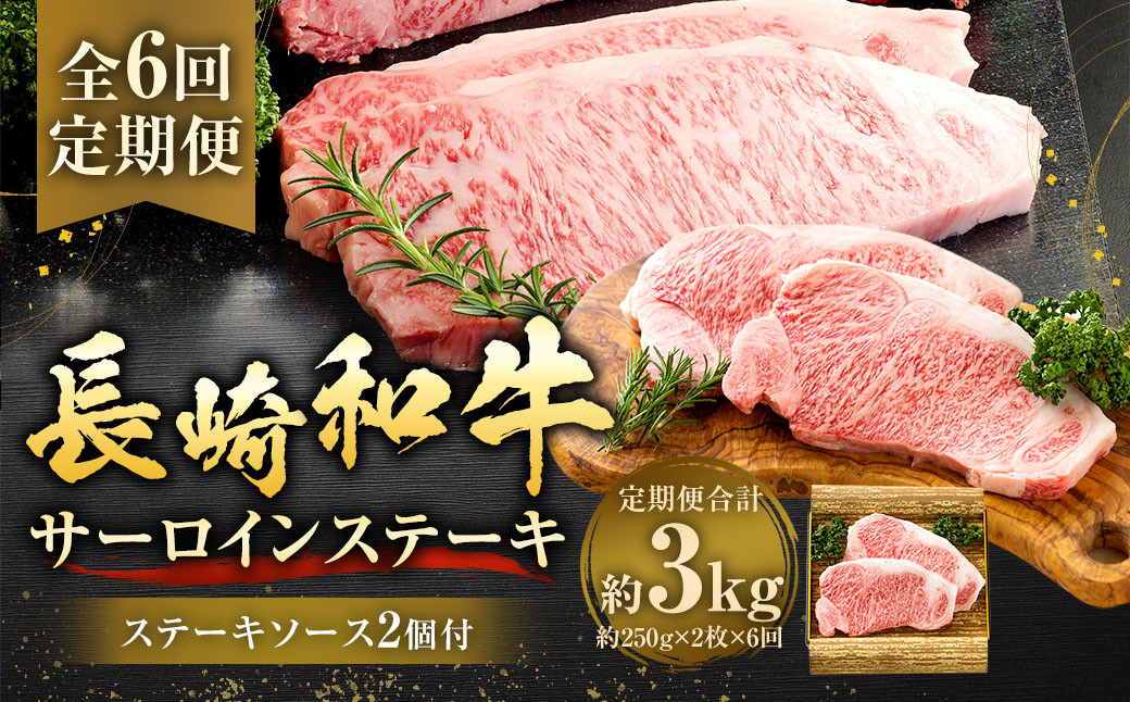 【全6回定期便】長崎和牛サーロインステーキ 250g×2枚 ／ 合計3kg (12枚) 国産 肉 お肉 和牛 ステーキ