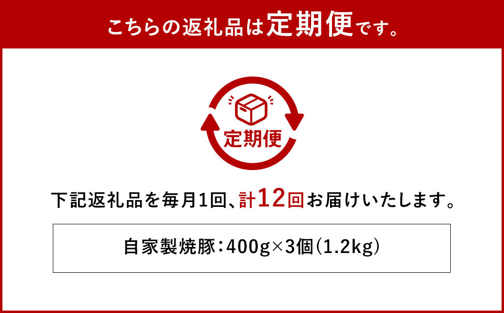 【全12回定期便】自家製焼豚 400g×3個セット ／ 合計14.4kg (36個) 惣菜 豚 豚肉 自家製 秘伝のタレ
