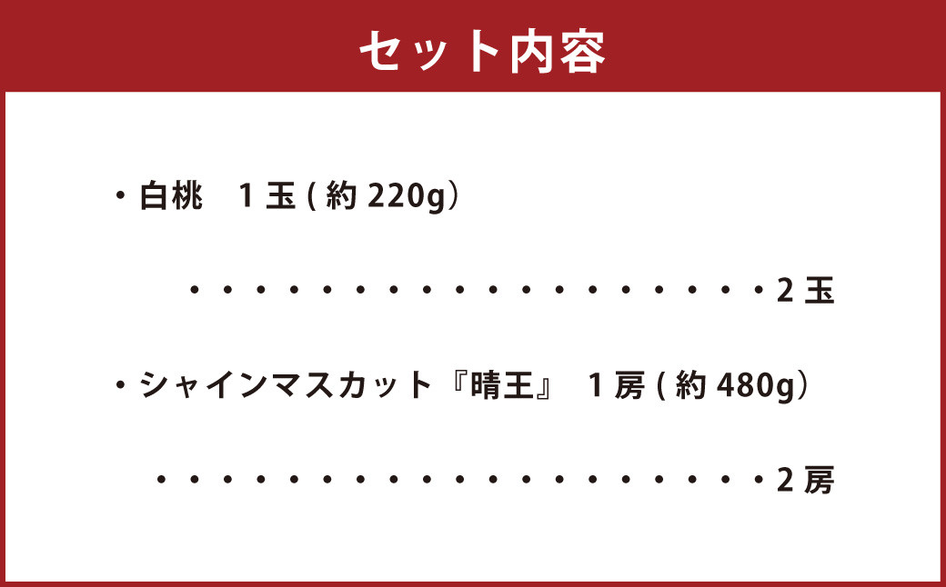 詰合 白桃 2玉 （1玉220g以上） シャインマスカット晴王 2房 （1房480g以上） 化粧箱入り