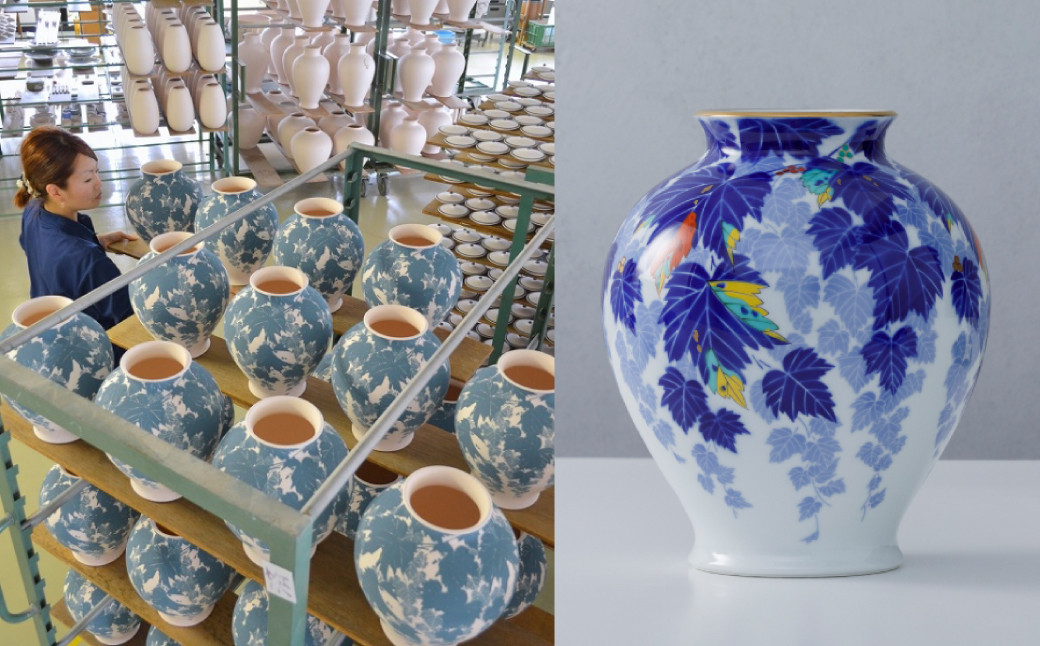 吹き墨を終えた花瓶が棚板に並びます