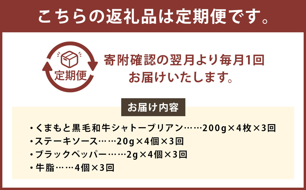 【3ヶ月定期便】 くまもと 黒毛和牛 シャトーブリアン 800g(200g×4枚)