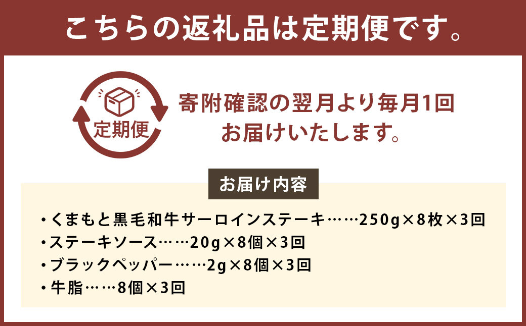 【3ヶ月定期便】 くまもと 黒毛和牛 サーロインステーキ 2.0kg(250g×8枚)