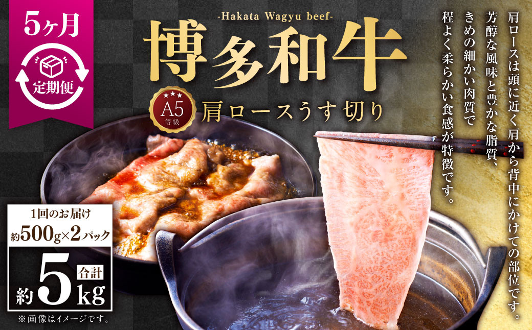 【5ヶ月定期便】A5等級 博多和牛肩ロースうす切り 約1kg（500×2パック）合計5kg 牛 肉 牛肩 ロース うす切り