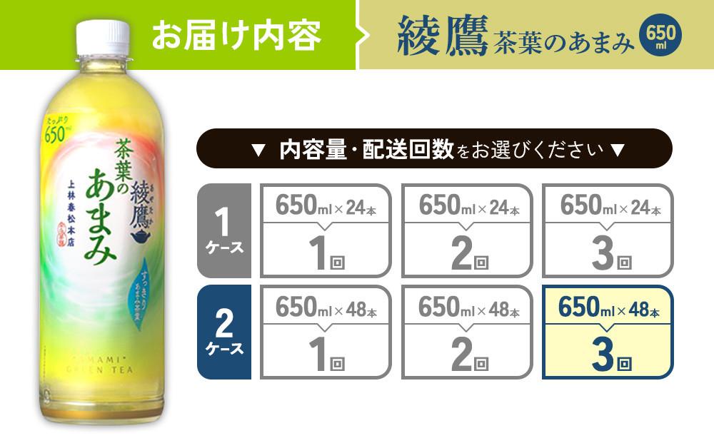 【3回定期便】 綾鷹茶葉のあまみ (650ml×24本)×2ケースセット