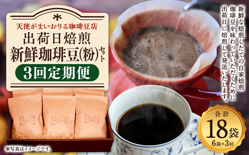 【定期便3回】出荷日焙煎『新鮮珈琲豆(粉に挽いて)』3種 6袋セット