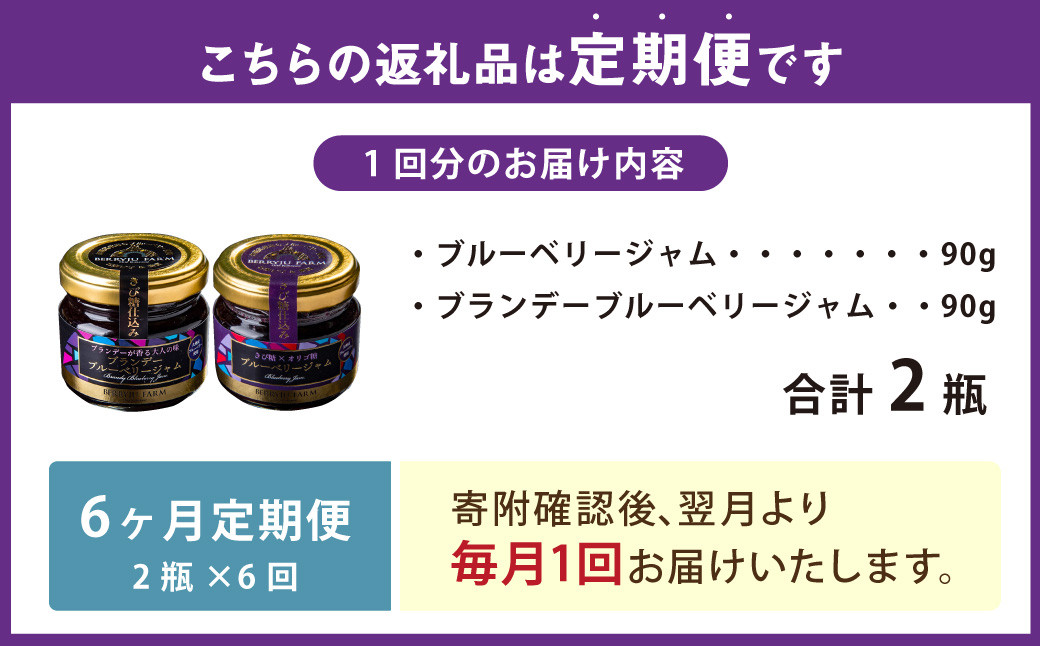 【6ヶ月定期便】きび糖 仕込みの ブルーベリー ジャム 2種 セット 各90g×1瓶 ブルーベリー ジャム 瓶詰め 瓶 
