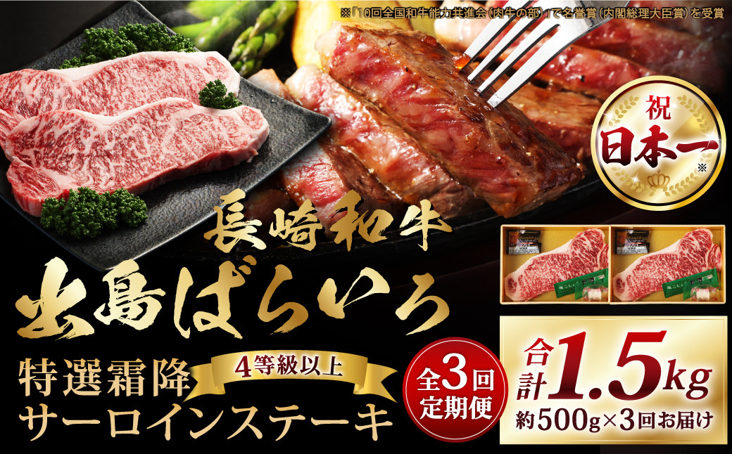 【全3回定期便】長崎和牛「出島ばらいろ」特選霜降 サーロインステーキたっぷり約500g 和牛 牛肉 お肉 国産 長崎