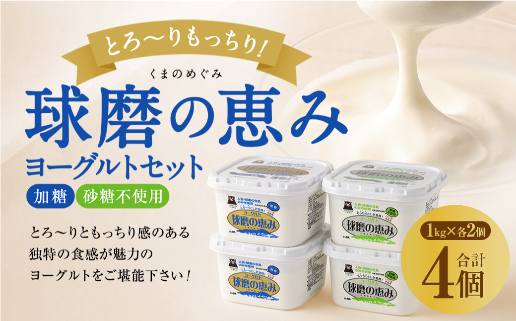 とろ～り食感!!球磨の恵みヨーグルトセット1kg×4パック (加糖・砂糖不使用 各2パック)