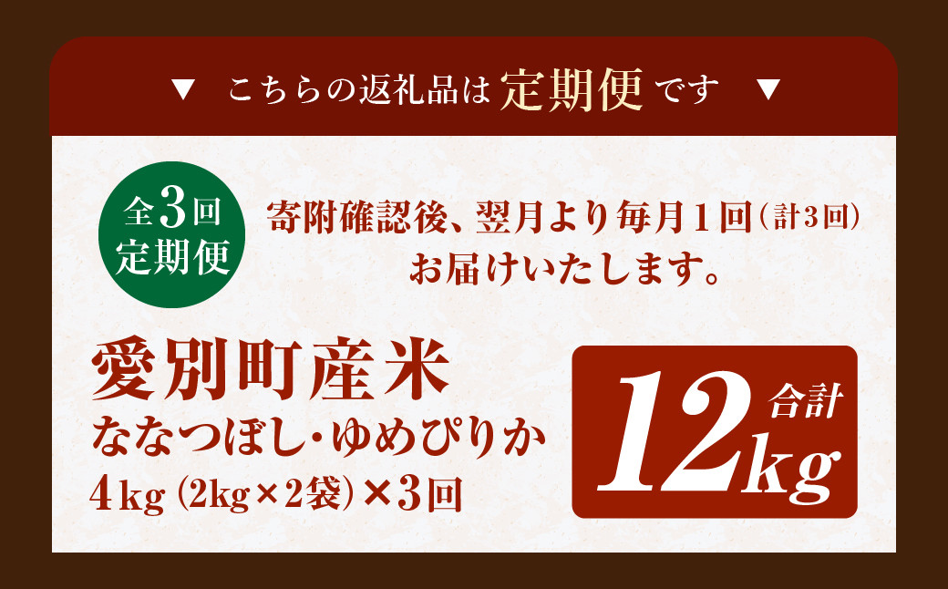 愛別町産米（ななつぼし2kg＆ゆめぴりか2kg）3ヶ月定期配送