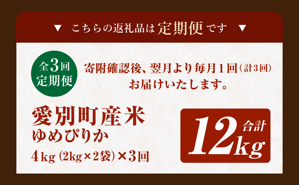 愛別町産米（ゆめぴりか2kg×2袋）3ヶ月定期配送