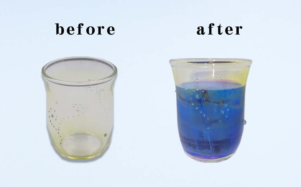 通常は黄色に見えますが、飲み物を注ぐと、光の影響で紫や青の美しい変化を楽しむことができます