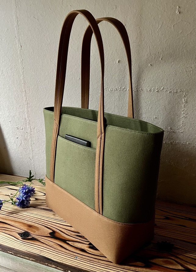 【AKIRAオリジナル】大きなトートバッグ レディスショルダータイプ カーキ帆布×茶色帆布