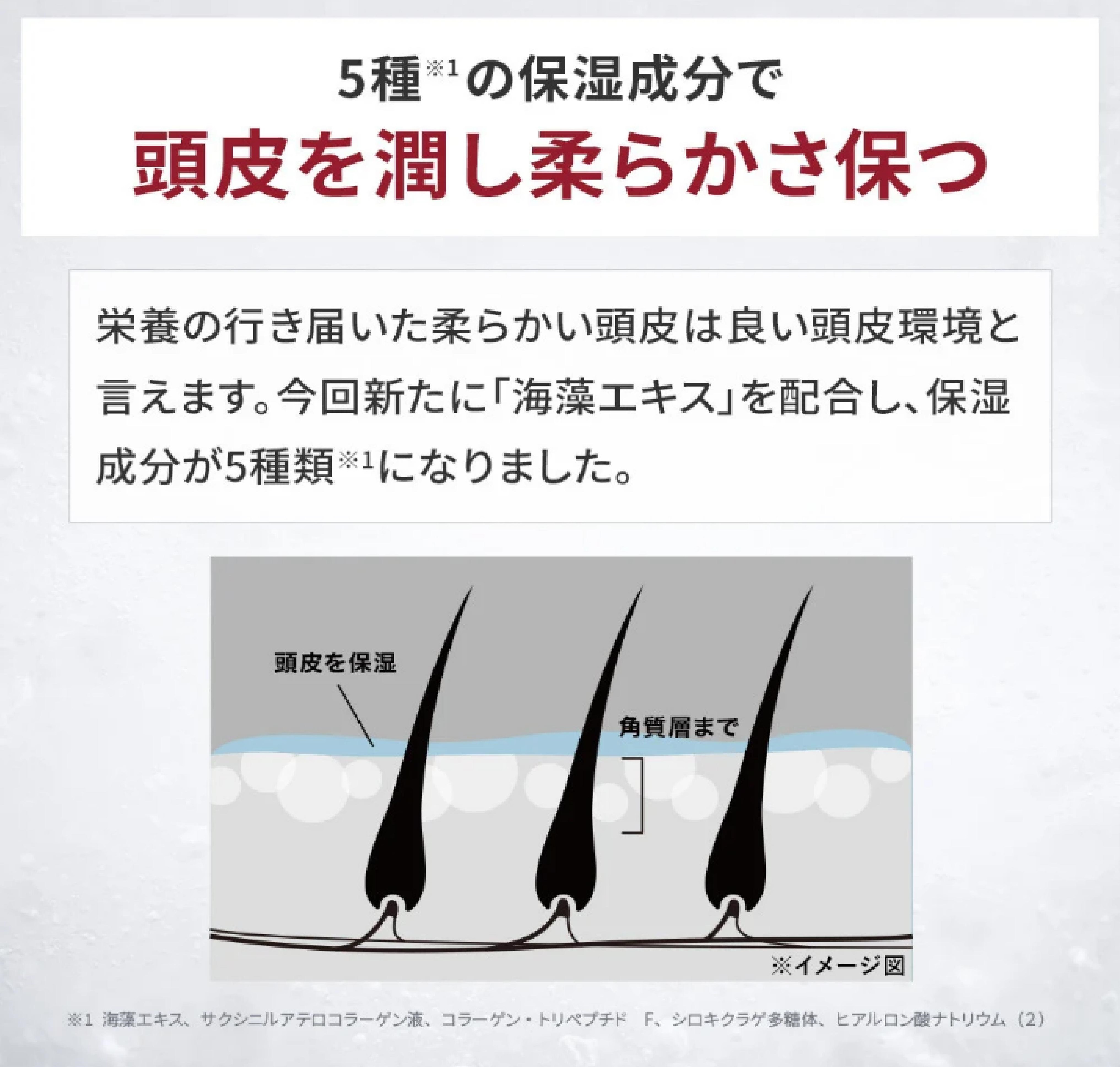 5種の保湿成分で頭皮を潤し柔らかく保ちます。