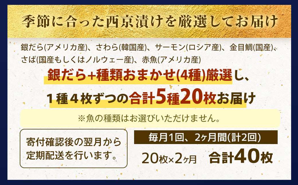 【2ヶ月定期便】【訳あり】 厳選 西京漬け おまかせ 5種 20枚セット