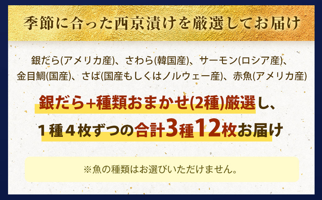 【訳あり】西京漬け おまかせ3種12枚セット