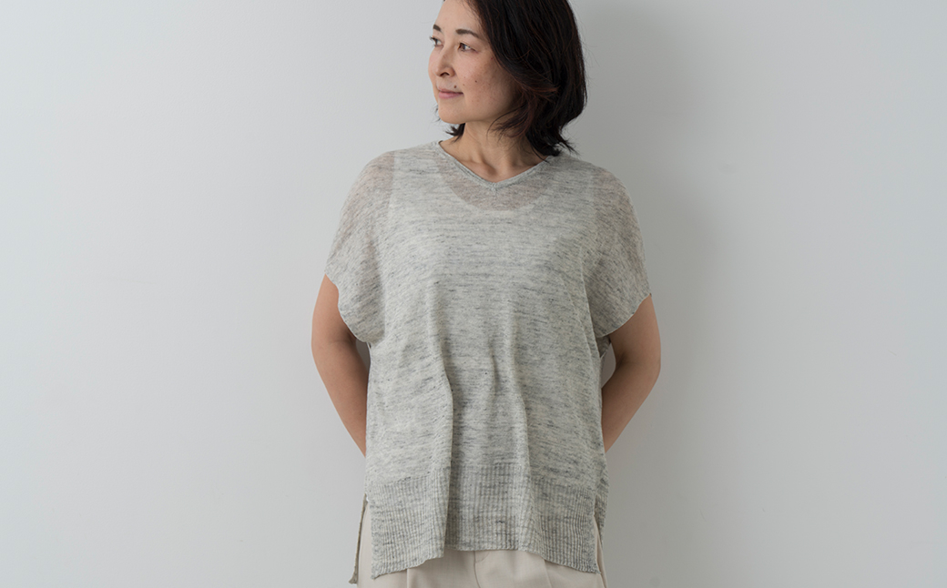 リネン Vネックフレンチスリーブ F 女性用《白田のカシミヤ》【全4色】L.グレー ミッドナイトブルー ホワイト ブラック