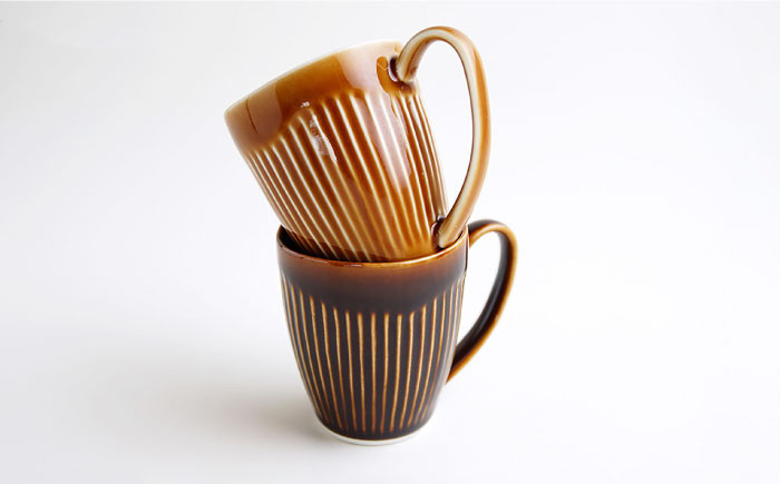 CC11 【波佐見焼】 しのぎ マグカップ ペアセット （アメ釉・キャメル） 【ふるさと納税限定】【一龍陶苑】-5