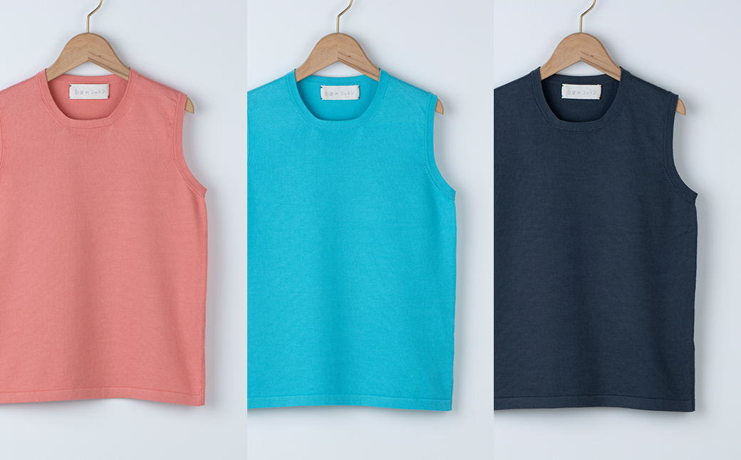 コットン ラウンドノースリーブ 女性用《白田のカシミヤ》【全3色 S～3L】サーモンピンク ターコイズ チャコール ｜ 天然素材