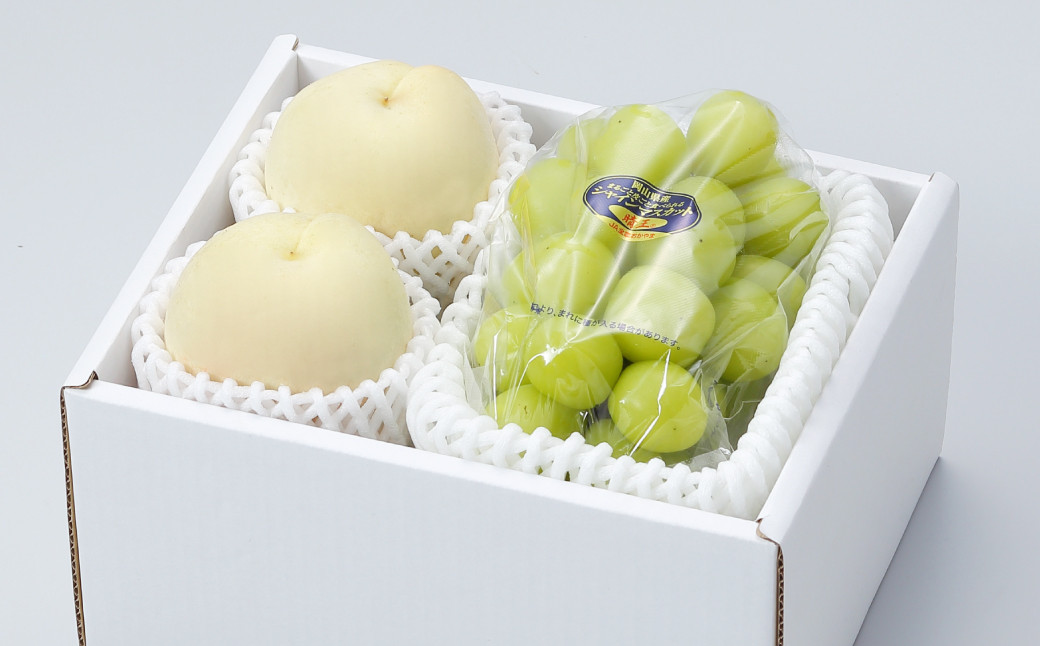 岡山県産 岡山白桃 ロイヤル Lサイズ 約200g×2玉・シャインマスカット 晴王 約400g×1房 詰合せ