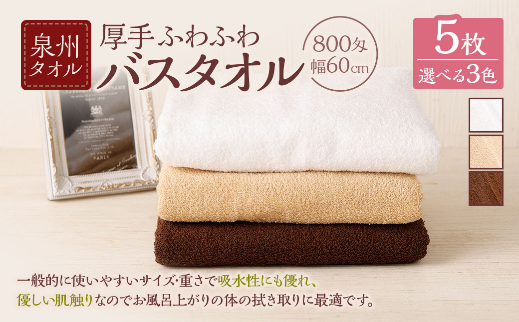 ＜選べるカラー＞ 泉州タオル 幅60cm 厚手 ふわふわ バスタオル 5枚入り 800匁