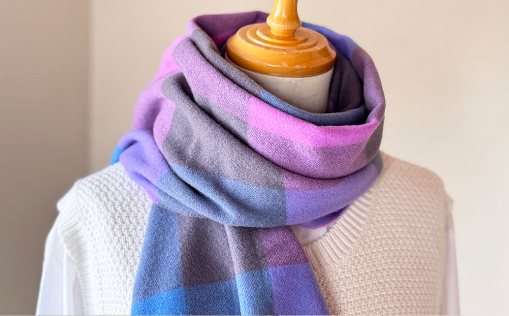 日本製 カシミヤ100% チェック柄カシミヤマフラー BUブルー/パープル RF626