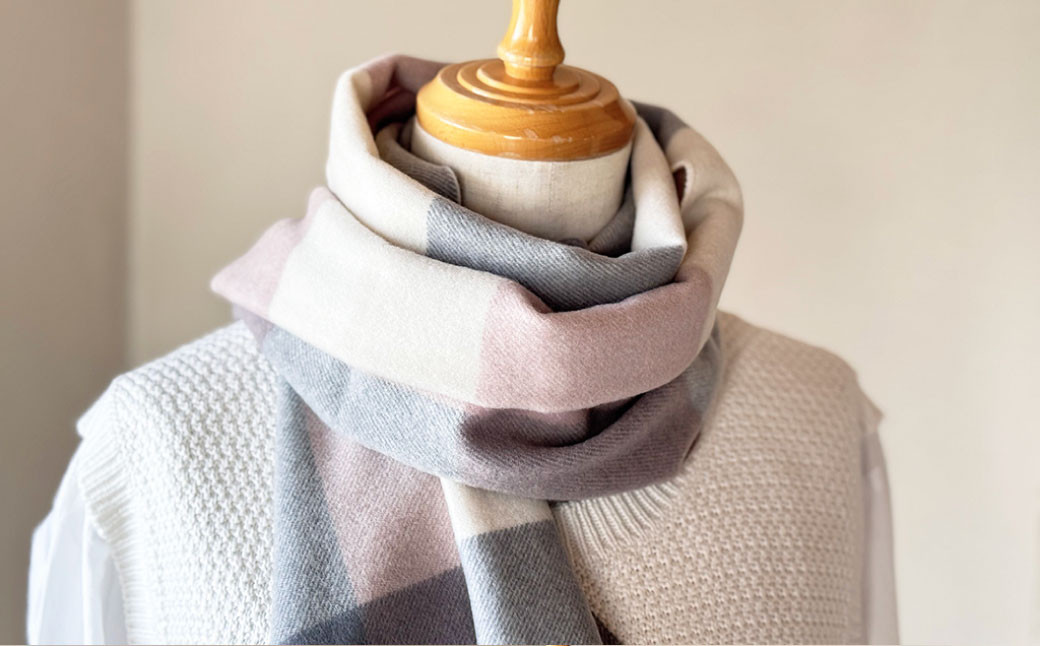 日本製 カシミヤ100% チェック柄カシミヤマフラー BEベージュ/グレー RF624