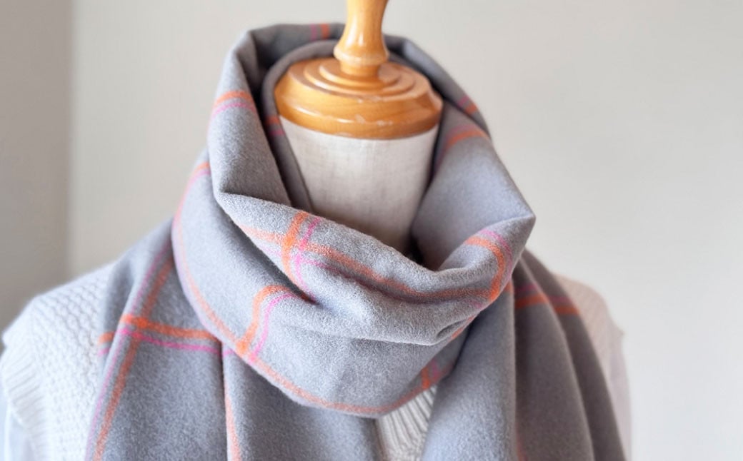 日本製 カシミヤ100% ウィンドウチェック柄カシミヤマフラー GYグレー/オレンジ RF621