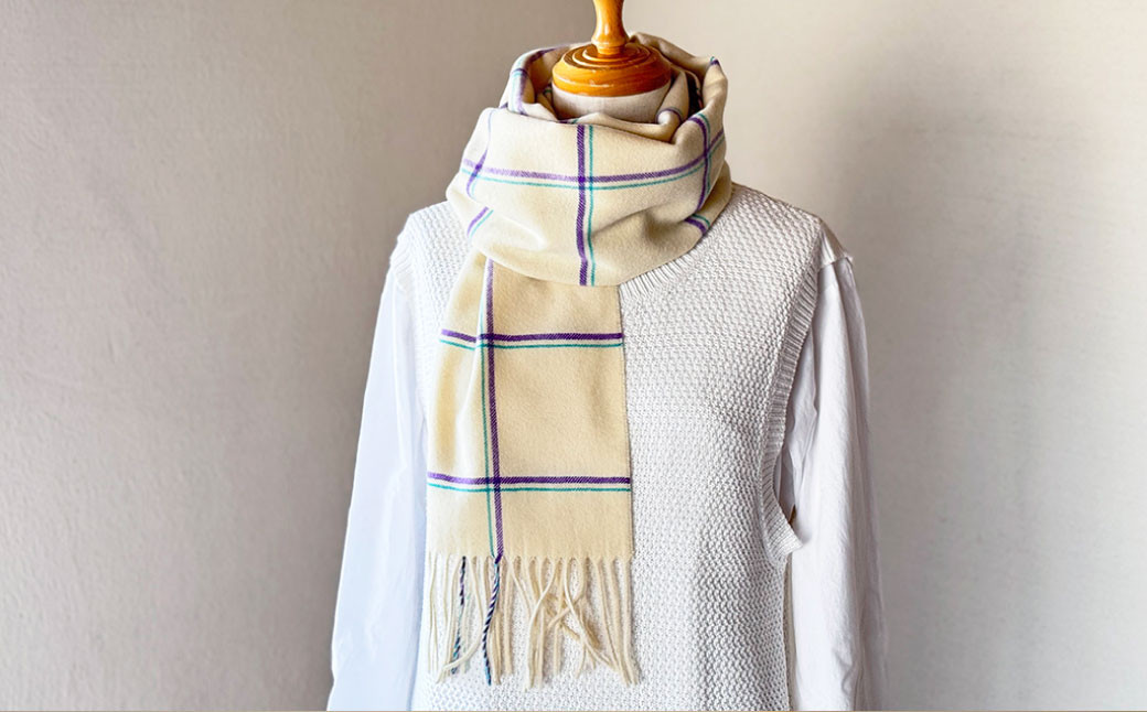 日本製 カシミヤ100% ウィンドウチェック柄カシミヤマフラー CRクリーム/パープル RF622