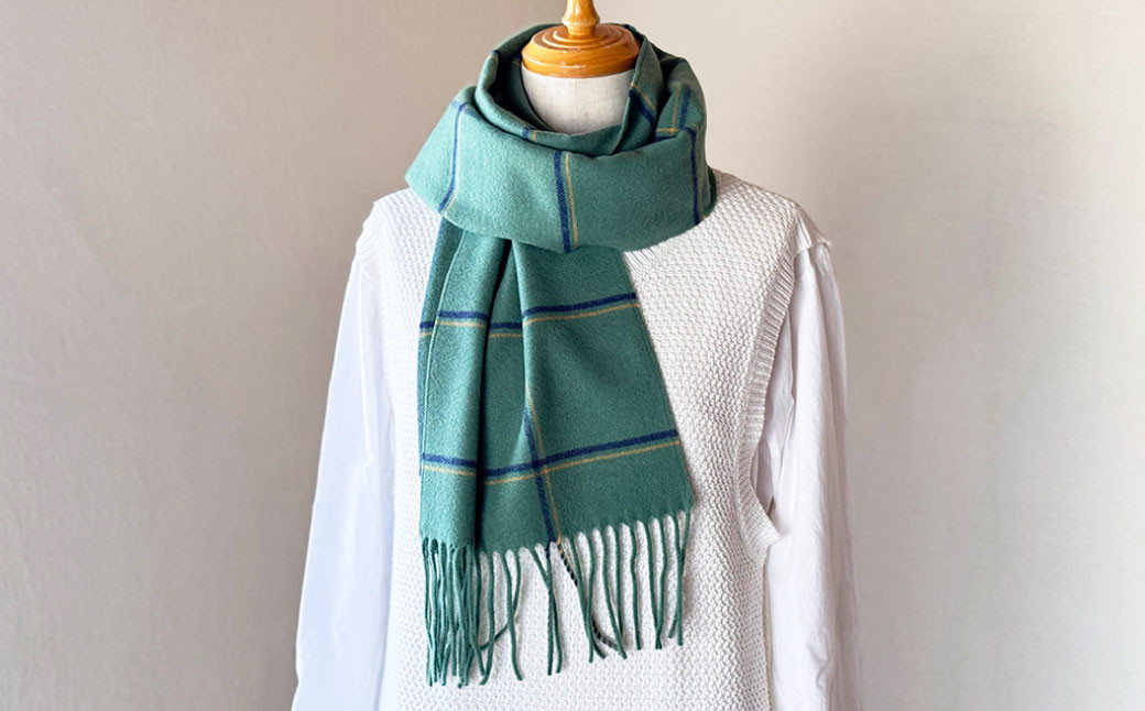 日本製 カシミヤ100% ウィンドウチェック柄カシミヤマフラー GRグリーン/ネイビー RF623