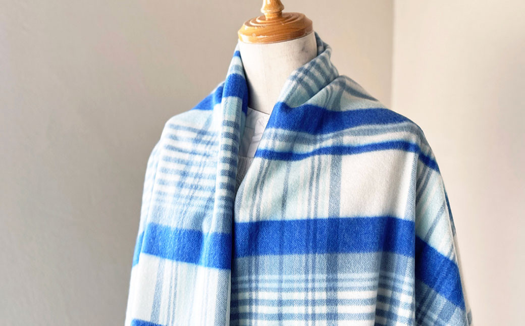 日本製 カシミヤ100% チェック大判パネルショール BUブルー/アイボリー RF620