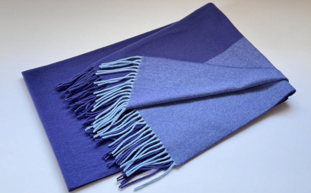 日本製 カシミヤ100% ストライプ大判パネルショール NVブルー/ブルー RF617