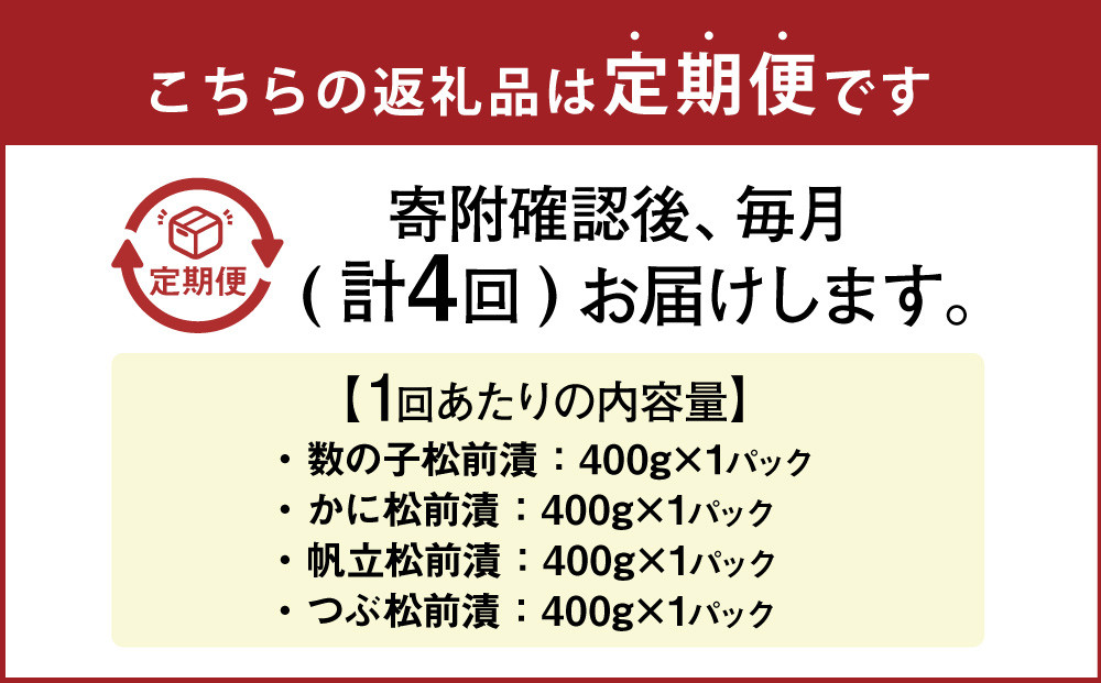 【4回定期便】 海鮮 4種の松前漬セット 約1.6kg (合計約6.4kg)
