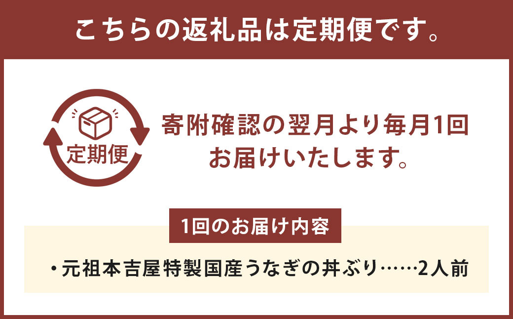 【4ヶ月定期便】創業300年 うなぎ料理専門店 元祖本吉屋 特製国産うなぎの丼ぶり(2人前)